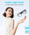 Woman holding All Day Comfy Smart Glasses With Built In Mic And Speakers Blue Light Blocking Lenses Wireless Headphones for Office and Travel.