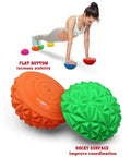Hedgehog Balance Pods Set Of 6 In Multiple Colors For Home Gym Training Portable PVC Balance Discs For Foot Stability Dope Setup With Pump And Durable Construction showing woman exercising with green and orange pods