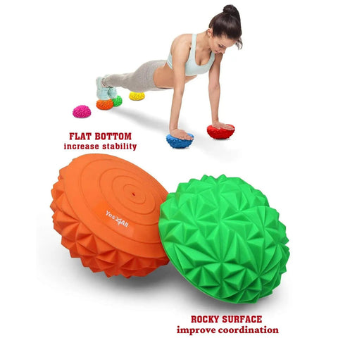 Hedgehog Balance Pods Set Of 6 In Multiple Colors For Home Gym Training Portable PVC Balance Discs For Foot Stability Dope Setup With Pump And Durable Construction showing woman exercising with green and orange pods