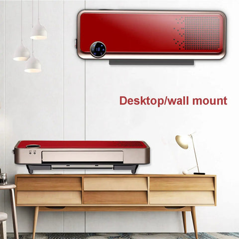 Wall Mounted Space Heater Featuring Thermostatic Remote And Three Speed Modes Kicks Serious Chill For Every Room Eight Hour Timer Provides Built Different Ptc Fast Heating in modern living room setting on wall.