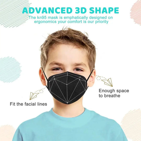 Child wearing black Colorful KN95 Disposable Face Masks For Children Pack Of 50, 5 Layer Breathable Protective Kid Sized Masks
