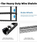 5-Tier Heavy Duty Wire Shelving Unit showing brake wheels and adjustable height features, Ironclad Carbon Steel Construction.