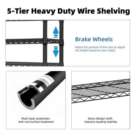5-Tier Heavy Duty Wire Shelving Unit showing brake wheels and adjustable height features, Ironclad Carbon Steel Construction.