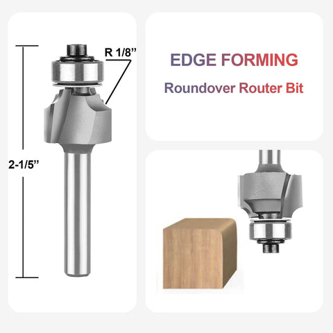 Top Shelf 1/8 Inch Radius Roundover Router Bit With Sharp Carbide Cutting Tips and Rock Solid Bearing Guide for Dead On Edge Smoothing on Plywood MDF and Hardwood, shown from the side with dimensions.