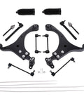14 Piece Beefed Up Front Suspension Kit For Hyundai Elantra 2007 2012 With Front Lower Control Arms Lower Ball Joints Front And Rear Sway Bar Links Outer And Inner Tie Rod Boots, showcasing components arranged.