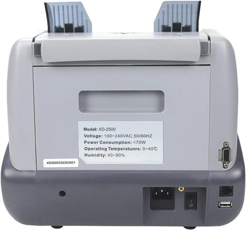 Back view of Heavy Hitter Multi Currency Bill Counter Machine With Auto Currency Identification and Error Detection, showing model details.