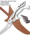 Heavy Duty Stainless Steel Kitchen Scissors Spring Loaded Poultry Shears For Bone And Meat Tenderizing Ultra Sharp Multipurpose Utility Scissors For Chicken Fish Turkey And Vegetables Boss Level Home Cook Or Chef Favorite, 10-inch with leather case and cloth