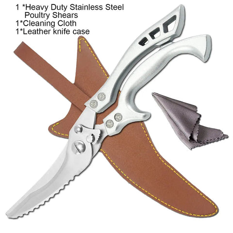 Heavy Duty Stainless Steel Kitchen Scissors Spring Loaded Poultry Shears For Bone And Meat Tenderizing Ultra Sharp Multipurpose Utility Scissors For Chicken Fish Turkey And Vegetables Boss Level Home Cook Or Chef Favorite, 10-inch with leather case and cloth