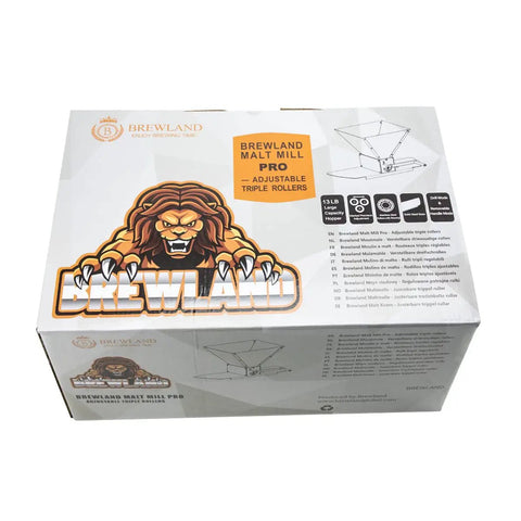 Packaging of Homebrewing Grain Mill with three rollers, 13 lb hopper, steel base, showing adjustable settings.