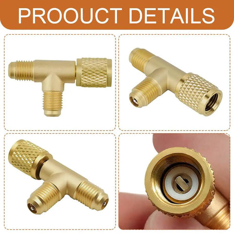 Two Pack Quick Connect AC Valve Core Adapter Tee With One Quarter Inch Brass Fitting showing detailed views of the brass fittings.