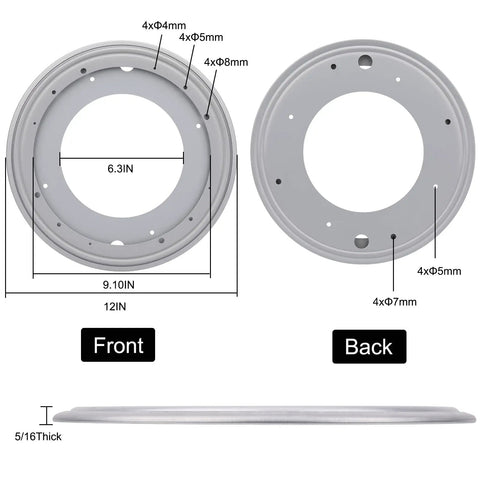 12 Inch Round Lazy Susan Turntable Bearing Plate with dimensions and side view showing front and back, heavy duty swivel base.