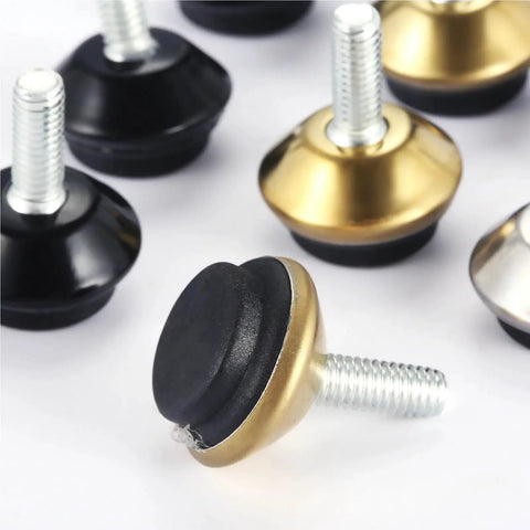Premium Swivel Furniture Levelers Kick Your Wobbly Table Problems To The Curb Heavy Duty Adjustable Glide Legs in silver and black.