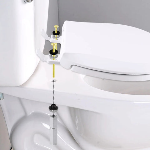 Rock Solid Universal Toilet Seat Bolt Kit Includes Four Heavy Duty Brass Fasteners With Corrosion Resistant Metal Nuts And Flanged Washers Plus Soft Rubber Gaskets For No More Drip Drama And Foolproof Swap Out showing installation on toilet.