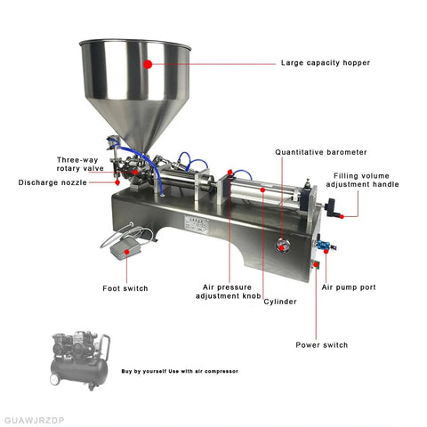 Pro Grade Horizontal Pneumatic Liquid Filling Machine With Slick Auto Piston Action And Stainless Anti Drip Nozzle labeled components.