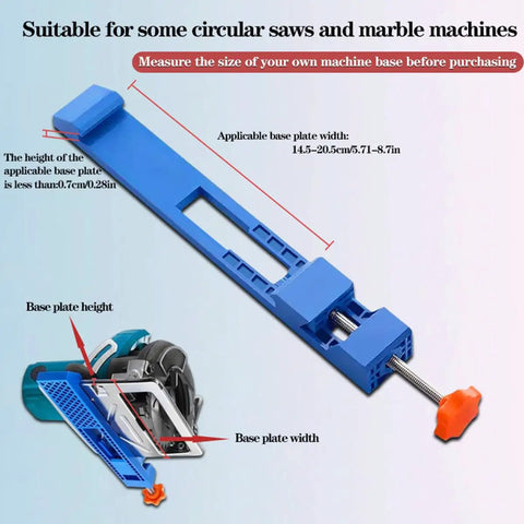 Blue Plastic Adjustable Circular Saw Guide Rail And Milling Positioning Clamp for woodworking, shown with sizing dimensions.