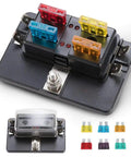 Road Ready 4 Way Blade Fuse Box With Built In Led Indicator For Blown Fuses Hella Reliable Automotive Shield, includes 12 ATO fuses.