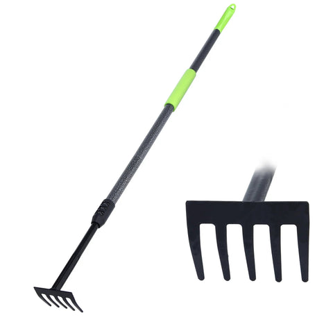 Adjustable Handle Hand Rake For Weeding And Tilling, Small Garden Tool With Soft Foam Grip, 5-tine head, extended view