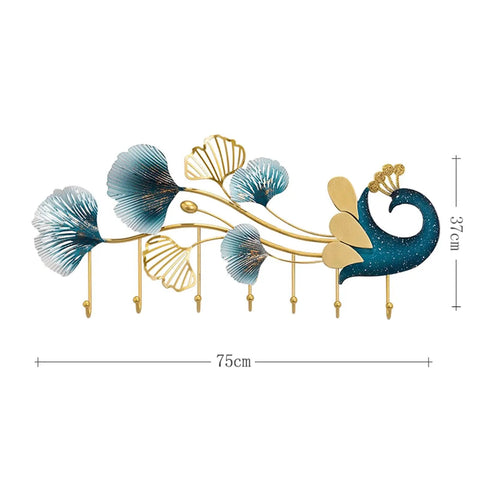 Sleek Wall Mounted Coat Rack With Extended Hook Arms For Entryway, modern design with floral elements, gold and teal colors.