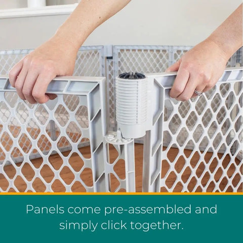 Hands assembling Six Panel Petyard Passage Dog Playpen Fence With Wall Mount Kit Easy Setup Freestanding Or Wall Mounted