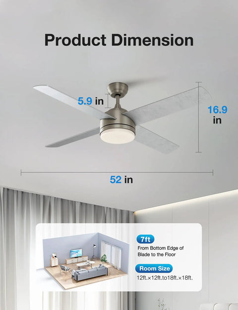 52 Inch Ceiling Fan With LED Light And Remote, Brushed Motor, 4-Blade Indoor Ceiling Fan, dimensions and room visualization