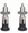 Top Shelf M8 Self Locking Indexing Pin With Spring Loaded Latch Bolt, Dead Simple Install Using 304 Stainless Steel And Aluminum Alloy, Totally Rust Free Secure Grip, Quick Snap Action, 2 Pack, showing two pins with hex nuts.