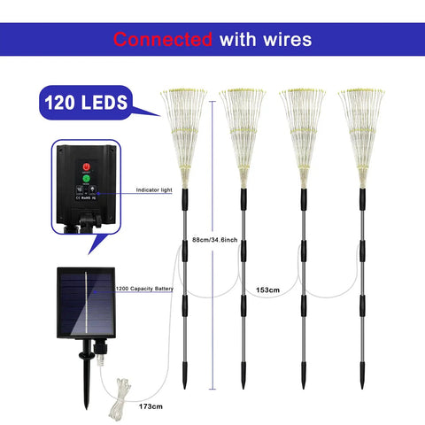 Diagram of Four Pack Solar Garden Lights With 120 LED Copper Wire Waterproof Fireworks Design Flexible Stakes, dimensions shown