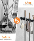 Before vs After using Built Tough Heavy Duty Wall Mounted Broom And Mop Holder, Stainless Steel Tool Organizer Rack, Matte Black