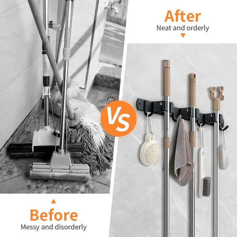 Before vs After using Built Tough Heavy Duty Wall Mounted Broom And Mop Holder, Stainless Steel Tool Organizer Rack, Matte Black