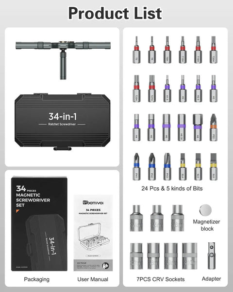 34 In 1 Magnetic Ratcheting Screwdriver Set With One Quarter Inch Socket Adapter 24 Bits And Seven Hex Sockets Modular Handle