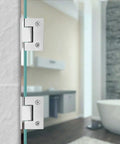 Kickass Durability Straight Up Smooth Operation Brushed Stainless Steel Pivot Hinge For Self Closing Shower Glass Doors and Cabinet Hardware That Gets The Job Done For Any Quick Bathroom Refresh, close-up view on glass door.