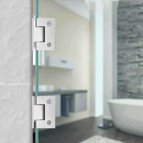 Kickass Durability Straight Up Smooth Operation Brushed Stainless Steel Pivot Hinge For Self Closing Shower Glass Doors and Cabinet Hardware That Gets The Job Done For Any Quick Bathroom Refresh, close-up view on glass door.