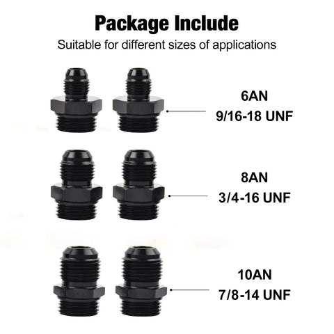 Inline Fuel Filter 100 Micron With 6AN 8AN 10AN Adapters And Bracket Clamp 50mm Universal Fit For Cars Trucks And More Make Your Ride Clean Aluminum Alloy Body With Stainless Steel Filter Element package contents showing fittings for different sizes.