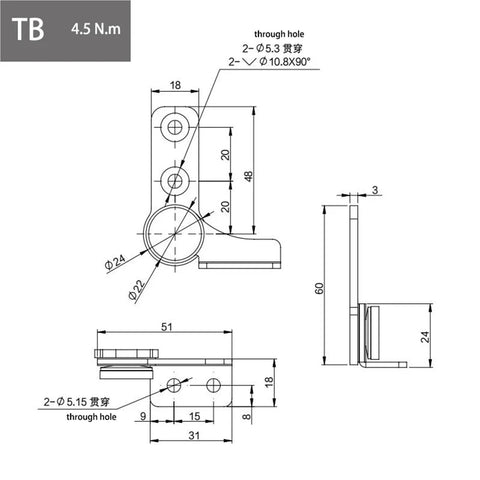 304 stainless steel damping hinge with non-adjustable torque, TB-left, 4.5 N.m, through-hole mounting.