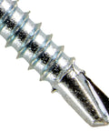 Close-up of Six X One Point Four Inch Bugle Head Drywall Screws For Metal Studs With Phillips Drive And Self Drilling Tip.