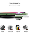 Fast Wireless Charging Pad With USB Cable For iPhone, Samsung, And LG Qi Certified 15W For LG, 10W For Samsung, 7.5W For iPhone, Case Friendly, Sleek Black charging phone with case thickness less than 5mm, visualizes non-compatible items like magnets and metal cases.