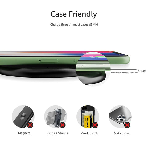 Fast Wireless Charging Pad With USB Cable For iPhone, Samsung, And LG Qi Certified 15W For LG, 10W For Samsung, 7.5W For iPhone, Case Friendly, Sleek Black charging phone with case thickness less than 5mm, visualizes non-compatible items like magnets and metal cases.