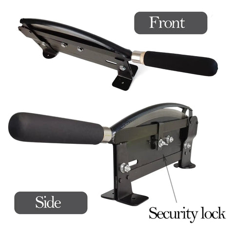 Front and side view of Pro Grade Flower Stem Cutter Kit With 14 Inch Carbon Steel Blade, showing table-mounted design and safety latch.