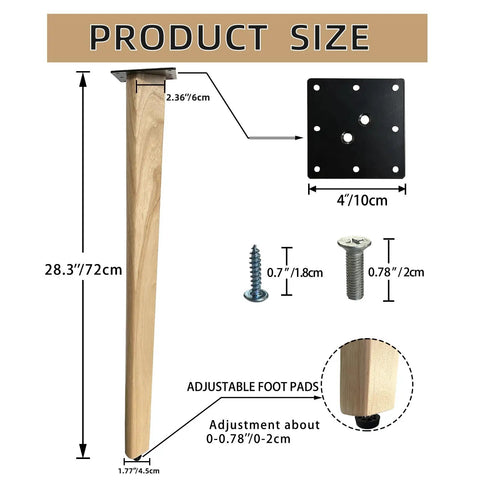 Premium Solid Wood Table Legs 28 Inches Tall Natural Finish with adjustable foot pads and hardware for easy installation.