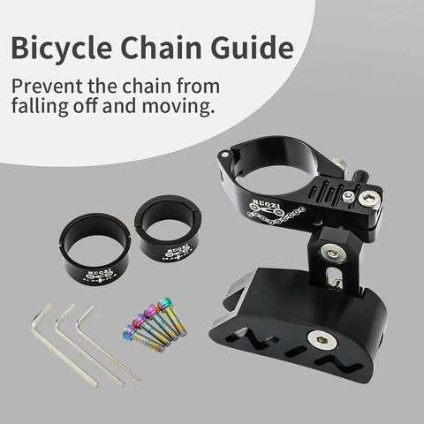Go To Heavy Duty Aluminum MTB Chain Guide for Single Crank Bikes with accessories and deflector shield on display