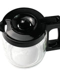 Top-down view of a 12-cup glass coffee carafe with black lid and handle, replacement part for Hamilton coffee makers