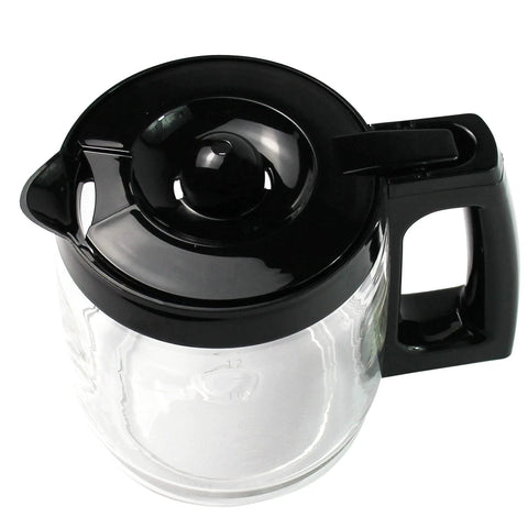 Top-down view of a 12-cup glass coffee carafe with black lid and handle, replacement part for Hamilton coffee makers