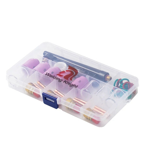 43 Piece TIG Welding Torch Accessories Kit with Stubby Gas Lens and Size 10 Glass Cups in plastic case for WP 9, WP 20, WP 25 welders.