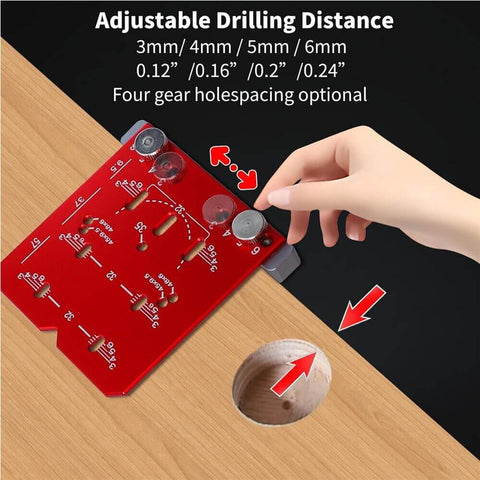 Universal Cabinet Hinge Jig With 35mm Drilling Guide And Adjustable Distance For Concealed Hinges, red tool shown in use.
