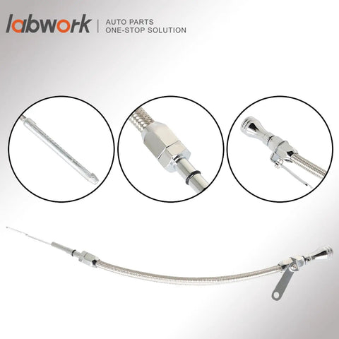 Flexible Stainless Oil Dipstick Replacement For LSX LS1 LS2 LS6 4.8L 5.7L 6.0L 6.2L Engines with close-up details