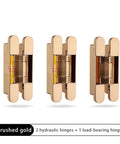 Heavy Duty Hydraulic Buffer Hinge With Invisible Hidden Spring For Automatic Soft Close Silent Operation Built Tough Without The Hassle, brushed gold finish with 2 hydraulic and 1 load-bearing hinge.