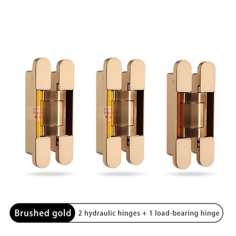 Heavy Duty Hydraulic Buffer Hinge With Invisible Hidden Spring For Automatic Soft Close Silent Operation Built Tough Without The Hassle, brushed gold finish with 2 hydraulic and 1 load-bearing hinge.