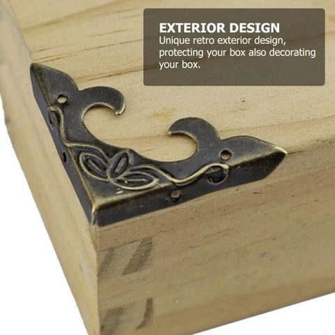 Iron Furniture Corner Protectors Set For Wooden Furniture And Drawers, 20 Pcs, Triangle Carved Guards on wooden box corner.