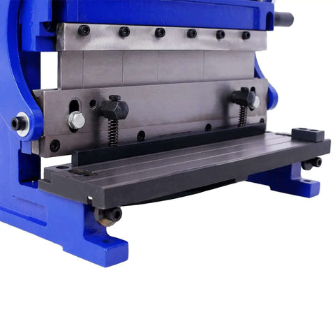 3-In-1 Sheet Metal Brake 12-Inch Workhorse Combo Shear Brake Roll Machine For Pro Shops, close-up showing blue metal unit