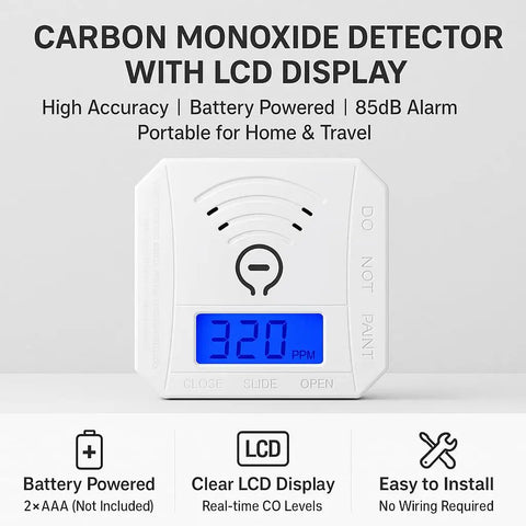 Two Pack Carbon Monoxide Detector Alarm Battery Operated With Digital LCD Display showing 320 PPM reading