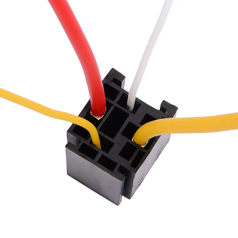 4 Pin Car And Truck Relay Socket Kit With Harness, Heavy Duty 12V DC SPST Normally Open Relay, 80A High-Current Automotive Relay Socket, 4-Wire Plug, JD2912-1H-12VDC Compatible, Pack Of 2 black relay socket with red, yellow, and white wires